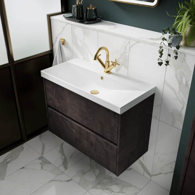 Havana 800mm Wall Hung 2 Drawer Vanity Unit & Thin Edge Ceramic Basin - Metallic Slate Textured Matt