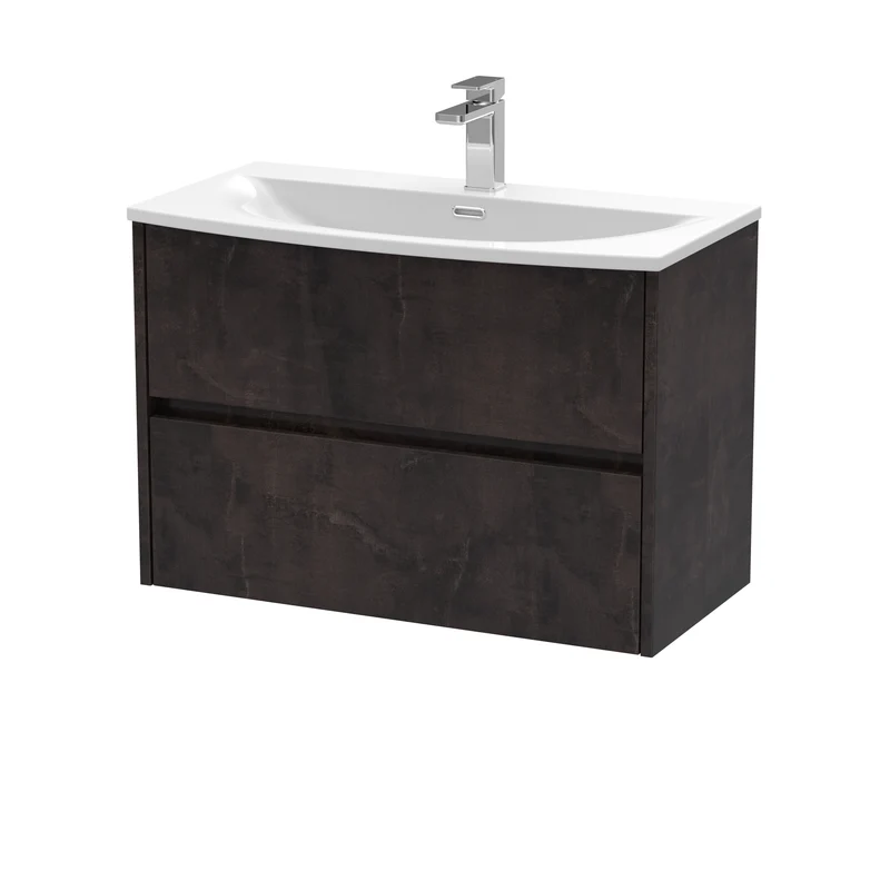 Havana 800mm Wall Hung 2 Drawer Vanity Unit & Curved Ceramic Basin - Metallic Slate Textured Matt