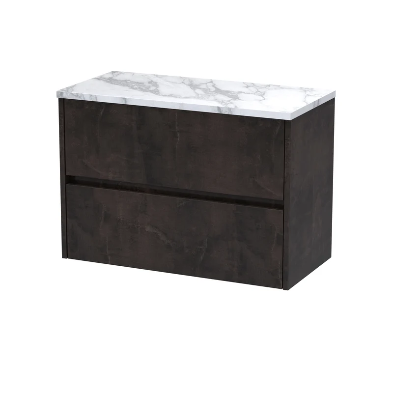Havana 800mm Wall Hung 2 Drawer Vanity Unit & Carrera Marble Laminate Worktop - Metallic Slate Textured Matt