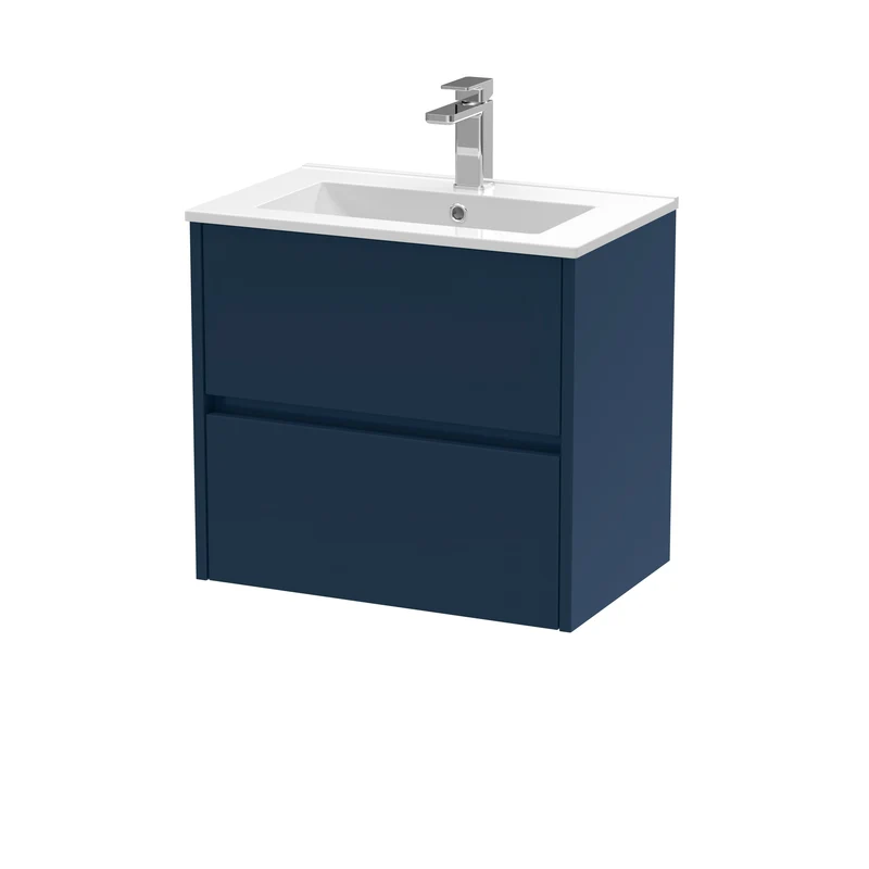 Havana 600mm Wall Hung 2 Drawer Vanity Unit & Minimalist Ceramic Basin - Midnight Blue Satin