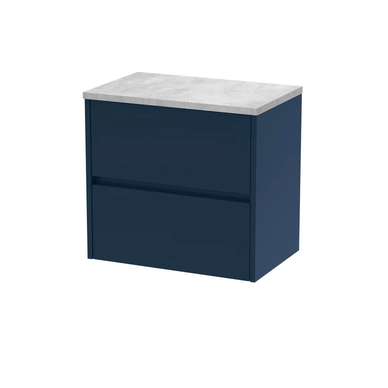 Havana 600mm Wall Hung 2 Drawer Vanity Unit & Bellato Grey Laminate Worktop - Midnight Blue Satin
