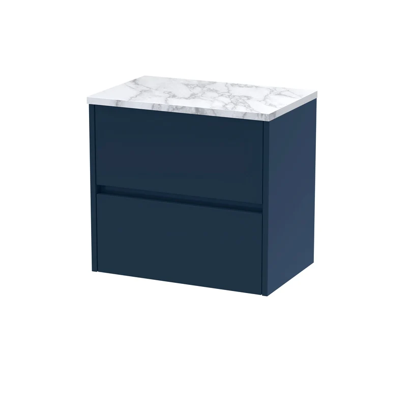 Havana 600mm Wall Hung 2 Drawer Vanity Unit & Carrera Marble Laminate Worktop - Midnight Blue Satin