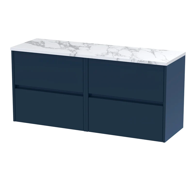Havana 1200mm Wall Hung 4 Drawer Vanity Unit & Carrera Marble Laminate Worktop - Midnight Blue Satin