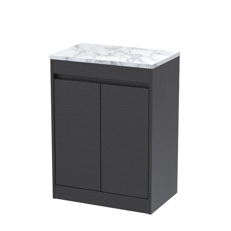 Havana 600mm Floor Standing 2 Door Vanity Unit & Carrera Marble Laminate Worktop - Graphite Grey Woodgrain