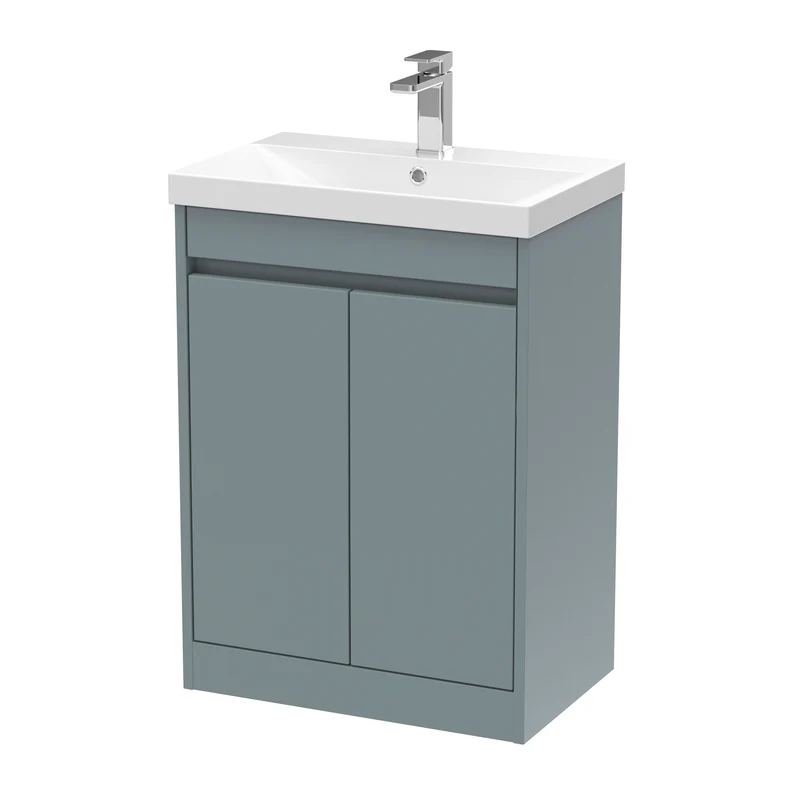 Havana 600mm Floor Standing 2 Door Vanity Unit With Thin Edge Ceramic Basin - Coastal Grey Matt
