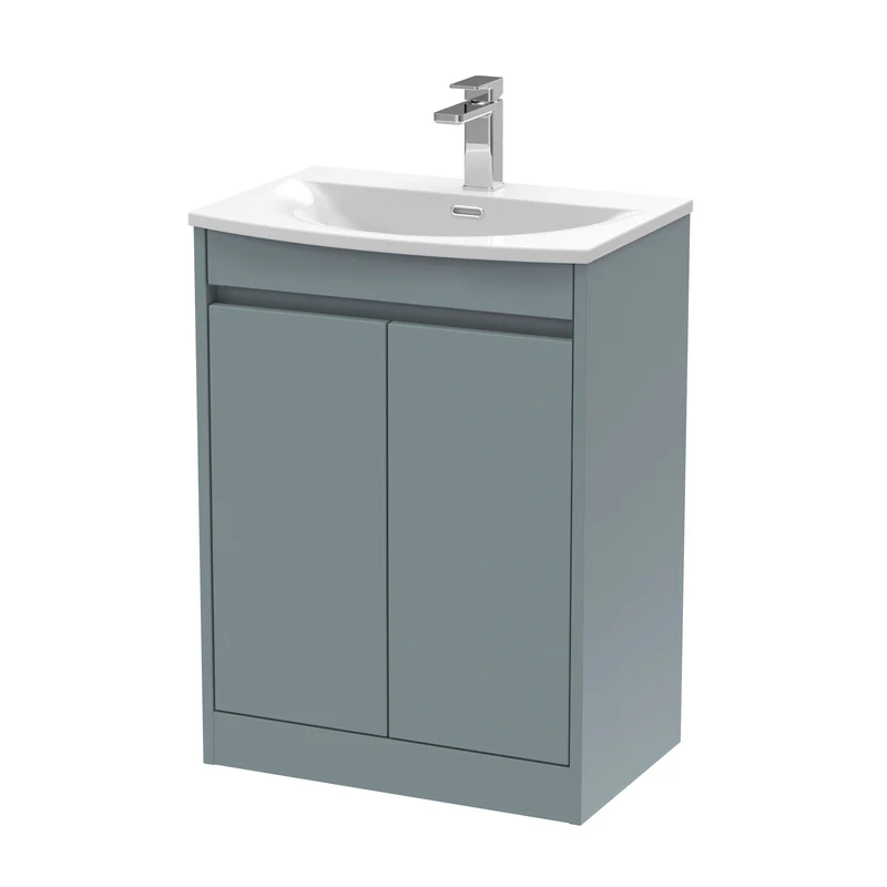 Havana 600mm Floor Standing 2 Door Vanity Unit With Curved Ceramic Basin - Coastal Grey Matt