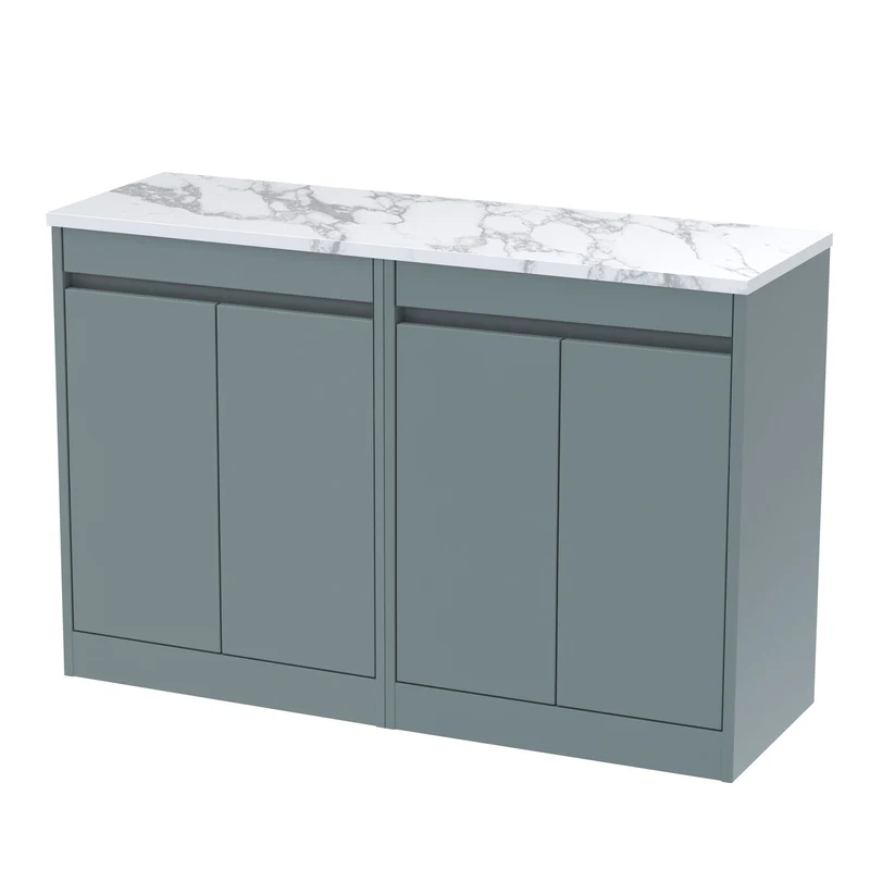 Havana 1200mm Floor Standing 4 Door Vanity Unit & Carrera Marble Laminate Worktop - Coastal Grey Matt