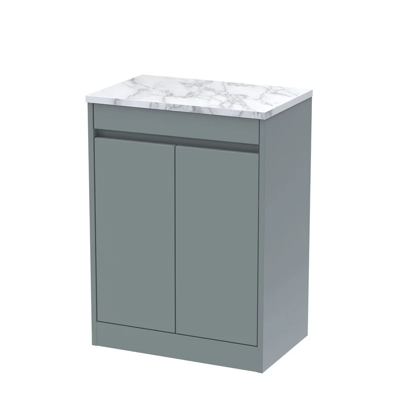 Havana 600mm Floor Standing 2 Door Vanity Unit & Carrera Marble Laminate Worktop - Coastal Grey Matt