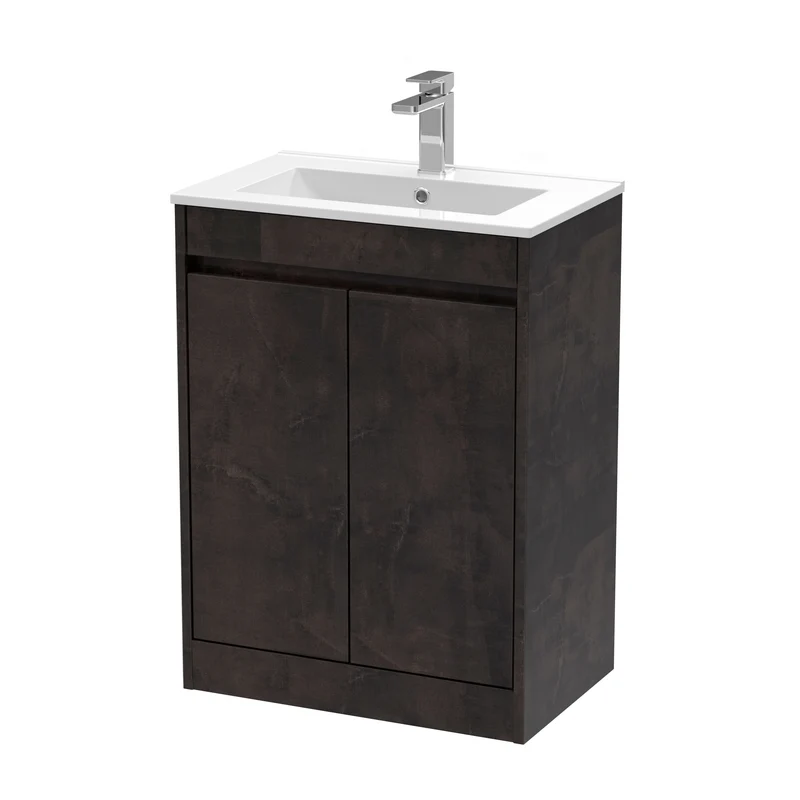 Havana 600mm Floor Standing 2 Door Vanity Unit With Minimalist Basin - Metallic Slate Textured Matt