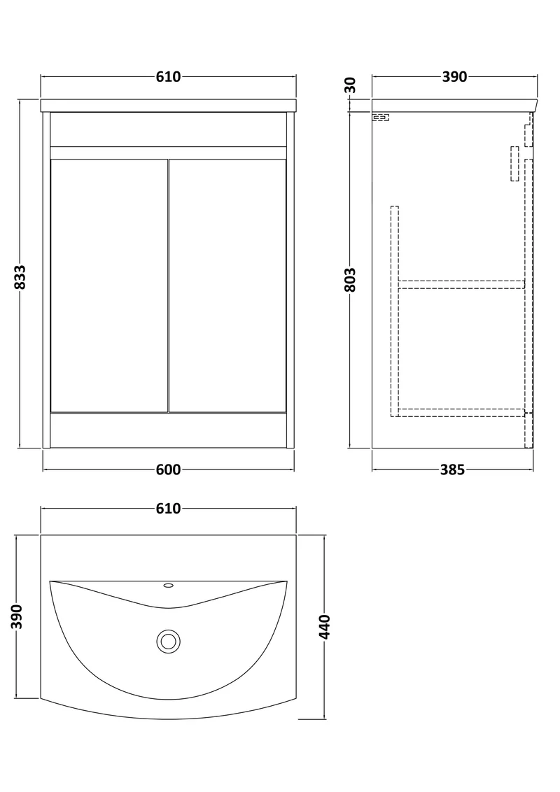 Havana 600mm Floor Standing 2 Door Vanity Unit With Curved Ceramic Basin - Metallic Slate Textured Matt