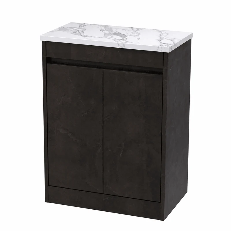 Havana 600mm Floor Standing 2 Door Vanity Unit & Carrera Marble Laminate Worktop - Metallic Slate Textured Matt