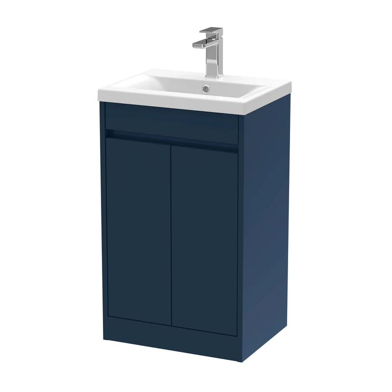 Havana 500mm Floor Standing 2 Door Vanity Unit With Mid Edge Ceramic Basin - Midnight Blue Satin