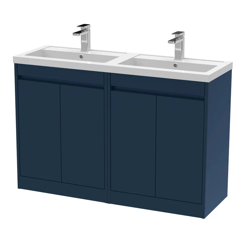 Havana 1200mm Floor Standing 4 Door Vanity Unit With Double Polymarble Basin - Midnight Blue Satin