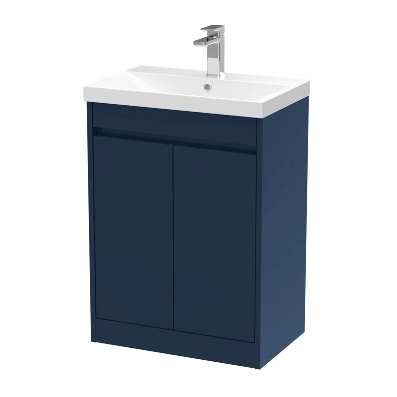 Havana 600mm Floor Standing 2 Door Vanity Unit With Thin Edge Ceramic Basin - Midnight Blue Satin