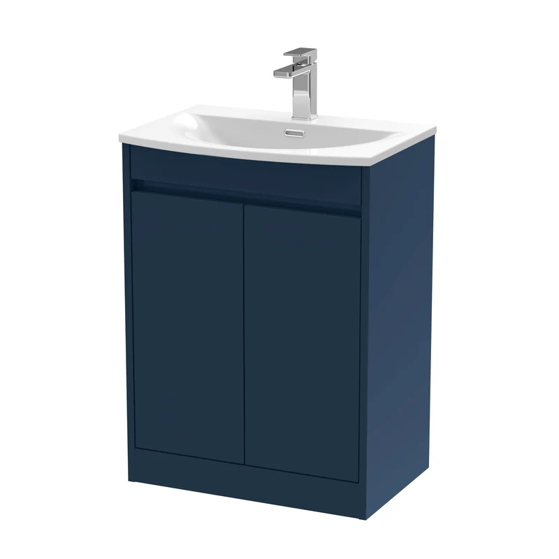 Havana 600mm Floor Standing 2 Door Vanity Unit With Curved Ceramic Basin - Midnight Blue Satin