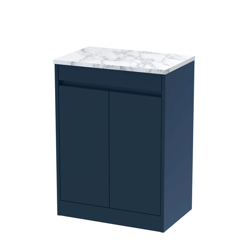 Havana 600mm Floor Standing 2 Door Vanity Unit & Carrera Marble Laminate Worktop - Midnight Blue Satin