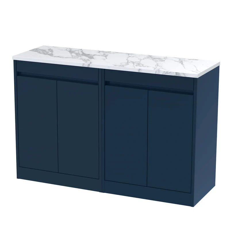 Havana 1200mm Floor Standing 4 Door Vanity Unit & Carrera Marble Laminate Worktop - Midnight Blue Satin