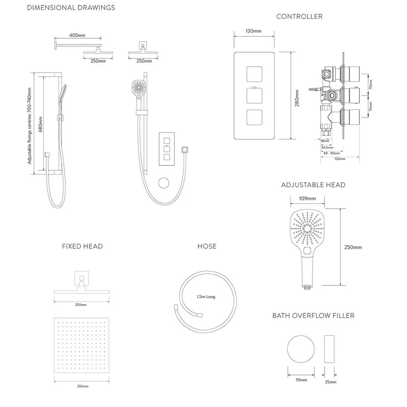 Aqualisa Dream Concealed Thermostatic Mixer Triple Outlet With Adj Kit, Wall Fixed Head & Bath Fill - Square