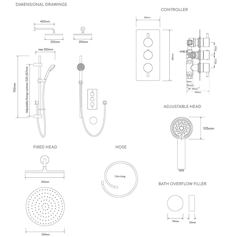 Aqualisa Dream Concealed Thermostatic Mixer Triple Outlet With Adj Kit, Wall Fixed Head & Bath Fill - Round