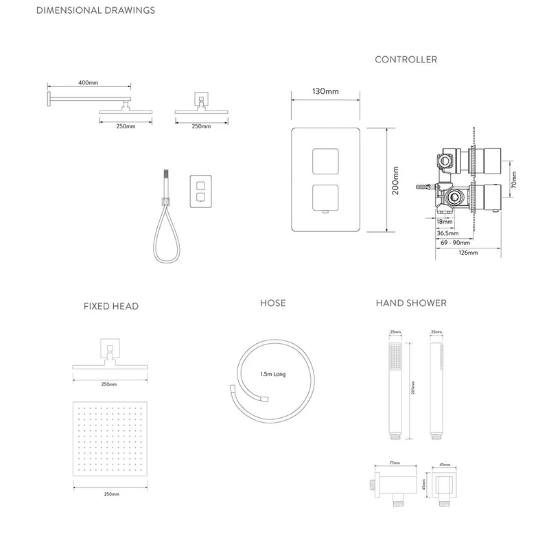 Aqualisa Dream Concealed Thermostatic Mixer Dual Outlet With Hand Shower & Wall Fixed Head - Square