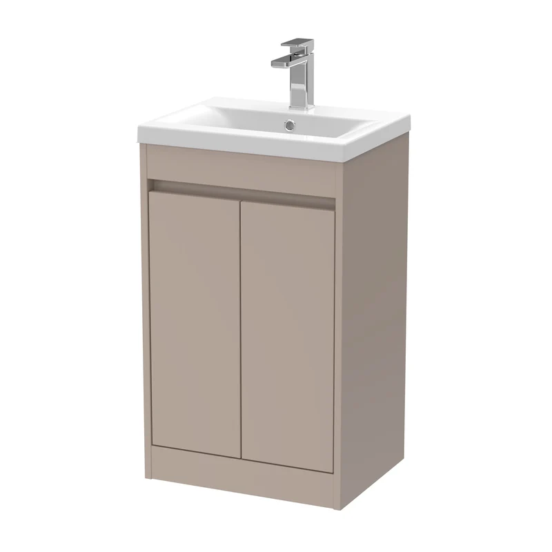 Havana 500mm Floor Standing 2 Door Vanity Unit With Mid Edge Ceramic Basin - Soft Linen Satin