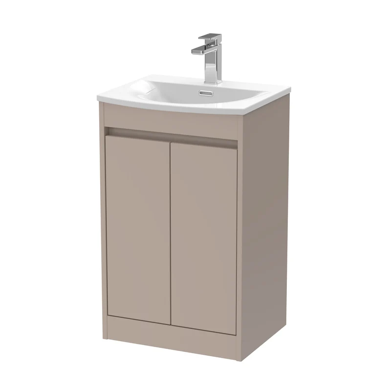 Havana 500mm Floor Standing 2 Door Vanity Unit With Curved Ceramic Basin - Soft Linen Satin