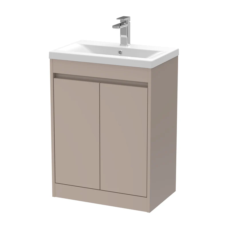 Havana 600mm Floor Standing 2 Door Vanity Unit With Mid Edge Ceramic Basin - Soft Linen Satin