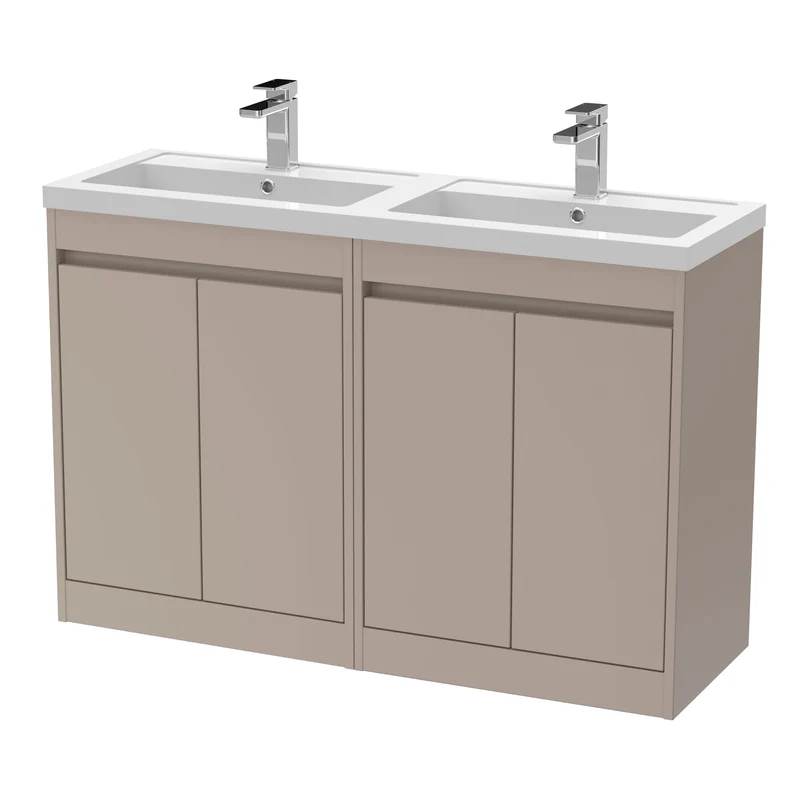 Havana 1200mm Floor Standing 4 Door Vanity Unit With Double Polymarble Basin - Soft Linen Satin
