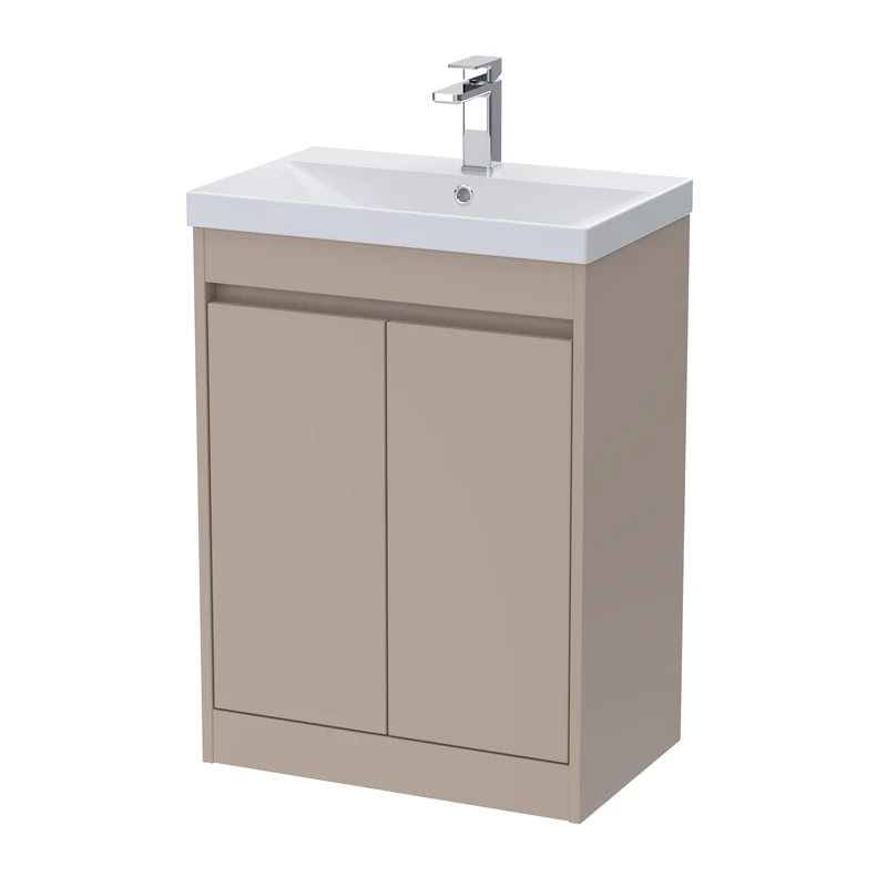 Havana 600mm Floor Standing 2 Door Vanity Unit With Thin Edge Ceramic Basin - Soft Linen Satin
