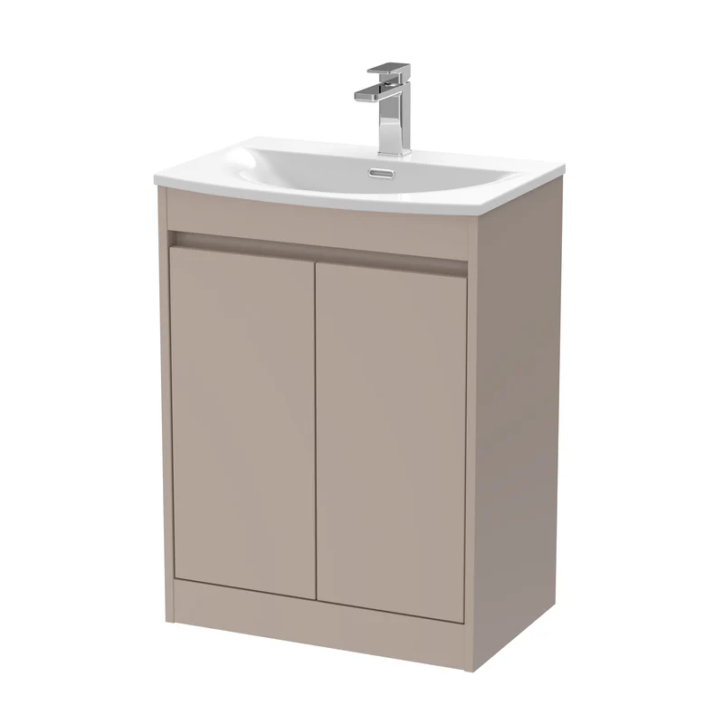 Havana 600mm Floor Standing 2 Door Vanity Unit With Curved Ceramic Basin - Soft Linen Satin