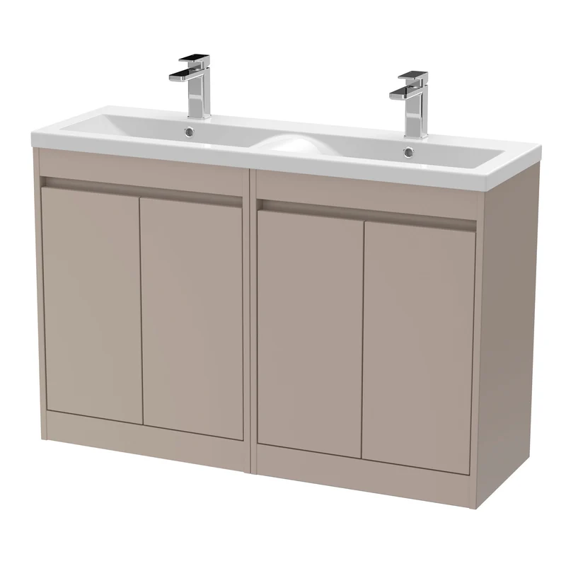 Havana 1200mm Floor Standing 4 Door Vanity Unit With Double Ceramic Basin - Soft Linen Satin