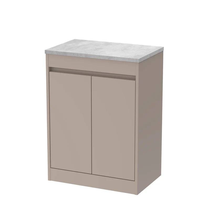 Havana 600mm Floor Standing 2 Door Vanity Unit With Bellato Grey Laminate Worktop - Soft Linen Satin