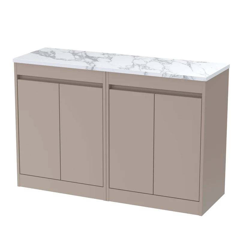 Havana 1200mm Floor Standing 4 Door Vanity Unit & Carrera Marble Laminate Worktop - Soft Linen Satin