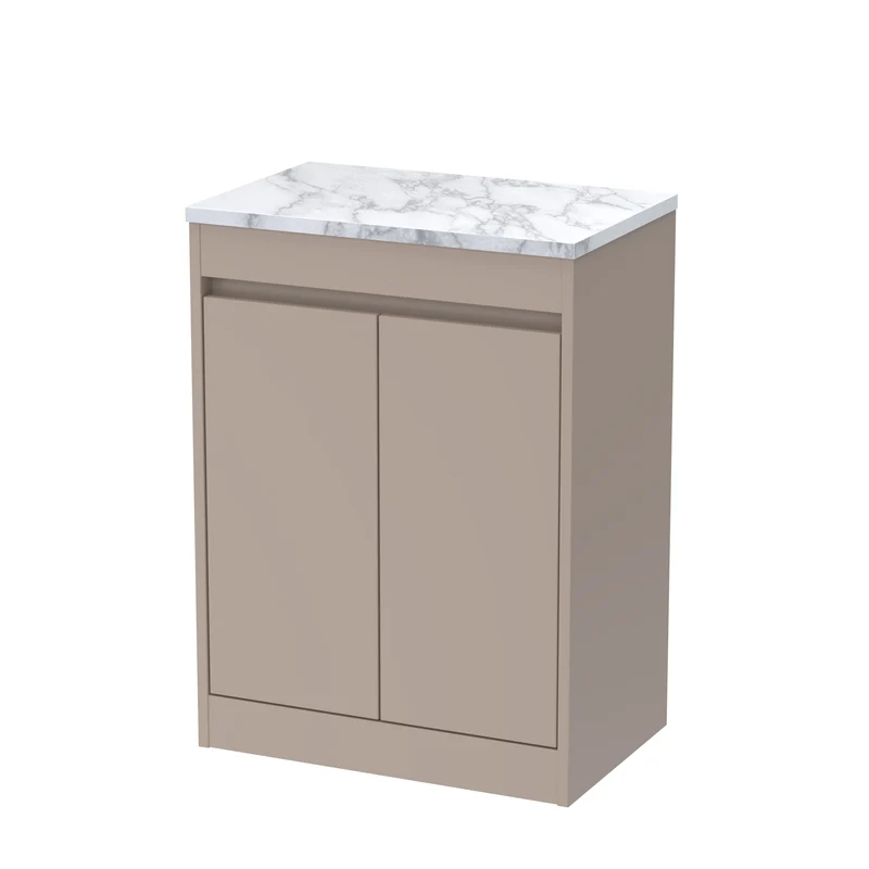 Havana 600mm Floor Standing 2 Door Vanity Unit & Carrera Marble Laminate Worktop - Soft Linen Satin