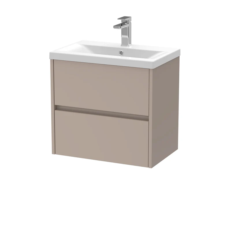 Havana 600mm Wall Hung 2 Drawer Vanity Unit With Mid Edge Ceramic Basin - Soft Linen Satin