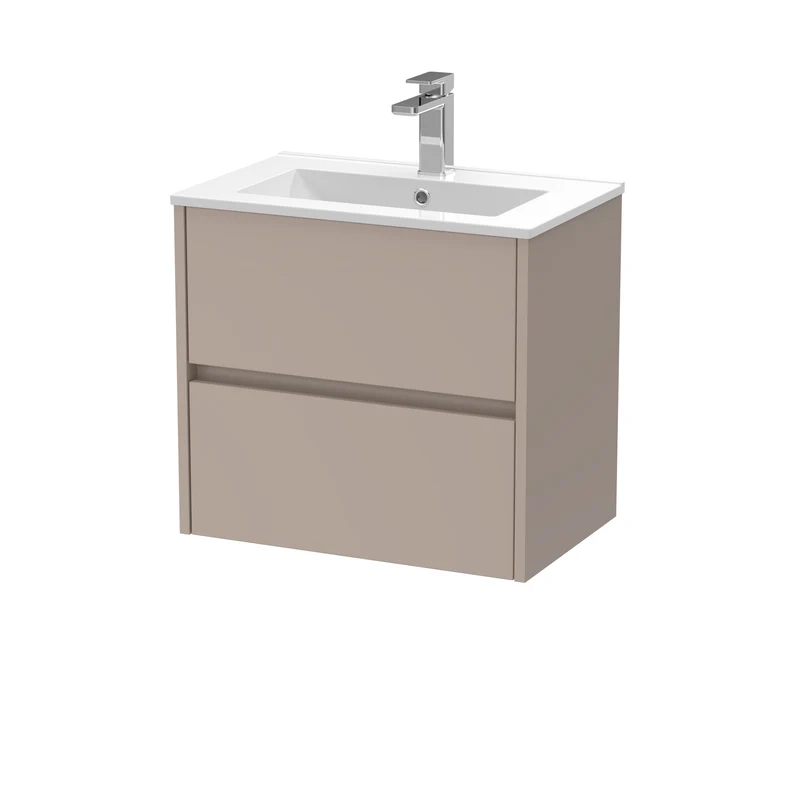 Havana 600mm Wall Hung 2 Drawer Vanity Unit With Minimalist Ceramic Basin - Soft Linen Satin