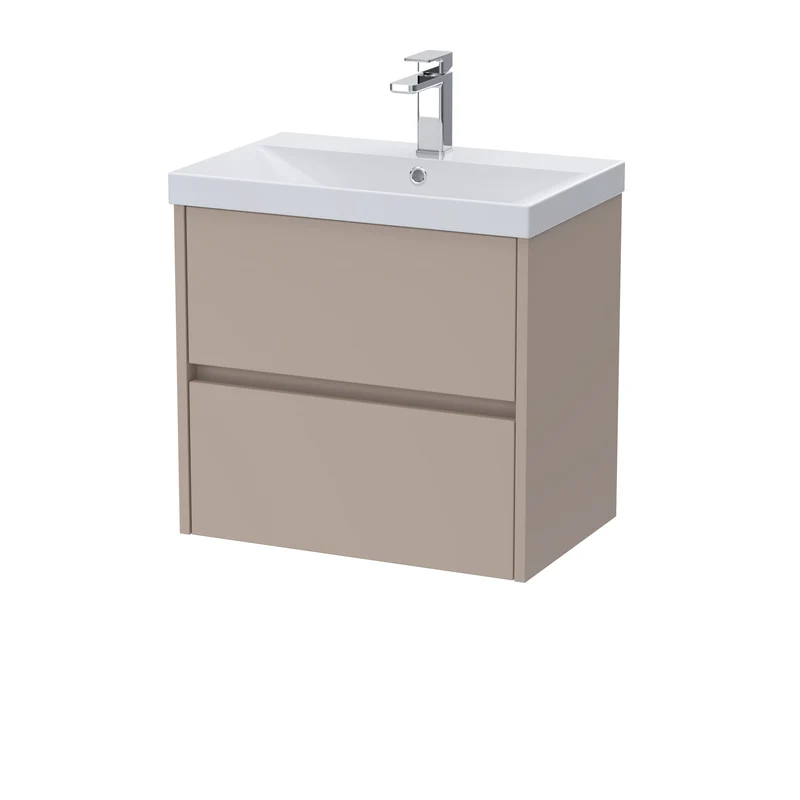 Havana 600mm Wall Hung 2 Drawer Vanity Unit With Thin Edge Ceramic Basin - Soft Linen Satin
