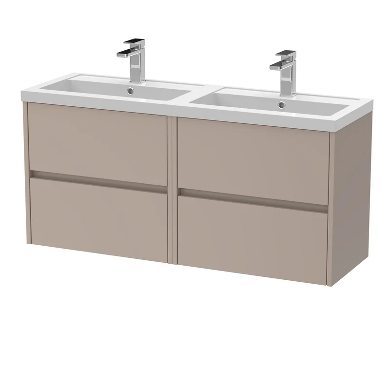 Havana 1200mm Wall Hung 4 Drawer Vanity Unit With Double Polymarble Basin - Soft Linen Satin