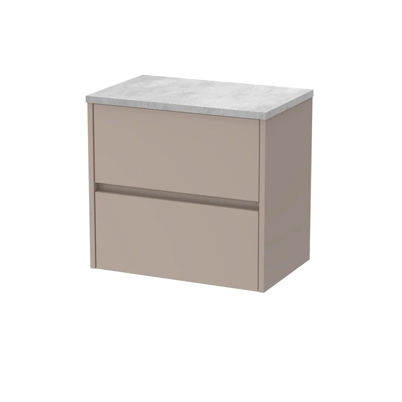 Havana 600mm Wall Hung 2 Drawer Vanity Unit With Bellato Grey Laminate Worktop - Soft Linen Satin