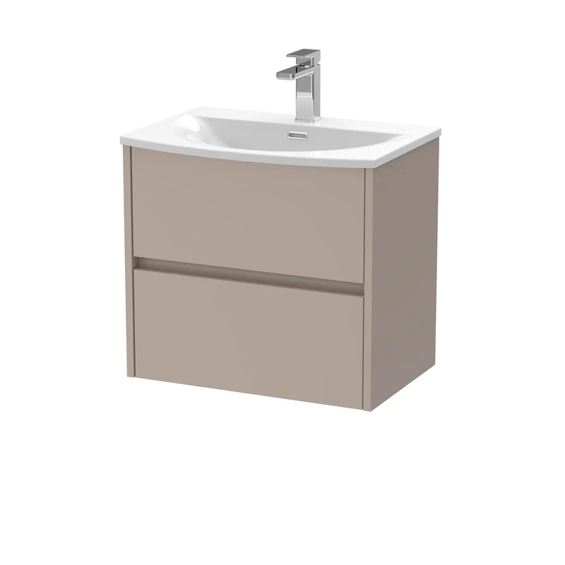 Havana 600mm Wall Hung 2 Drawer Vanity Unit With Curved Ceramic Basin - Soft Linen Satin