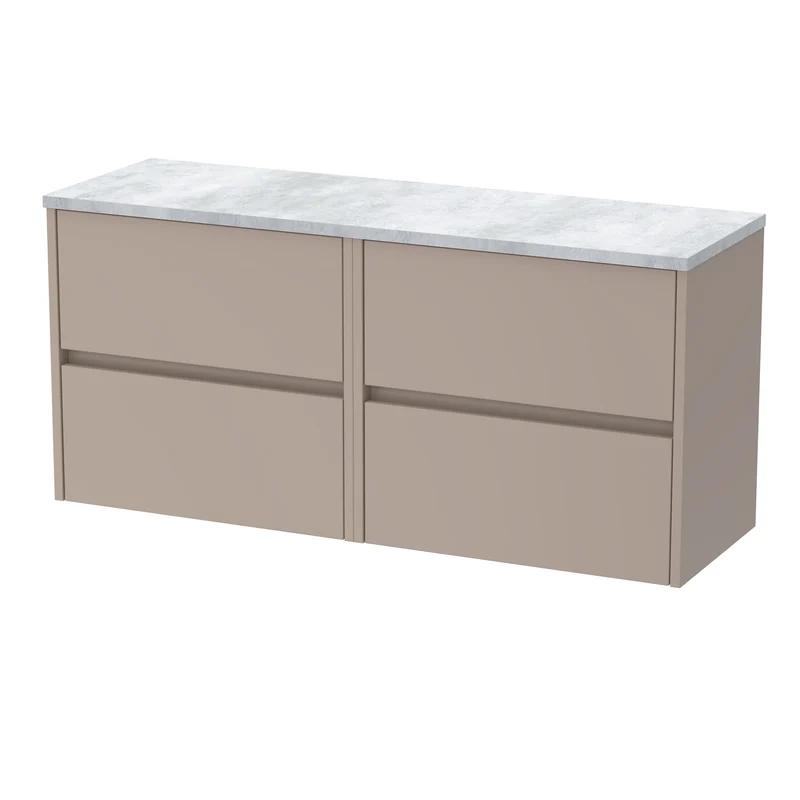 Havana 1200mm Wall Hung 4 Drawer Vanity Unit With Bellato Grey Laminate Worktop - Soft Linen Satin