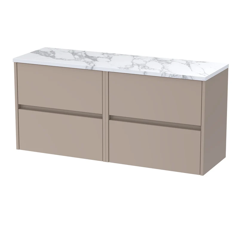 Havana 1200mm Wall Hung 4 Drawer Vanity Unit & Carrera Marble Laminate Worktop - Soft Linen Satin