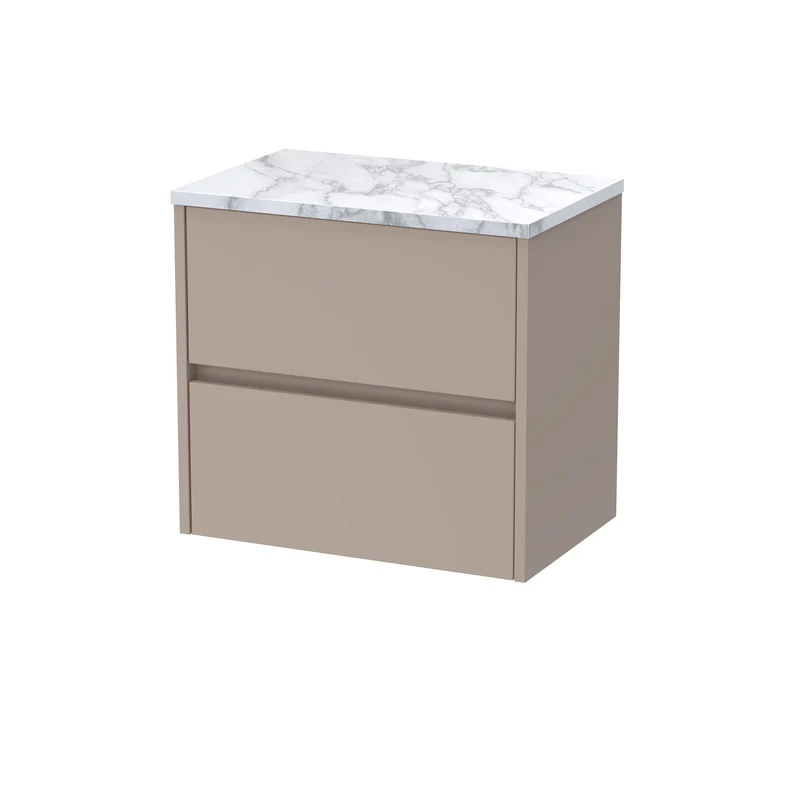 Havana 600mm Wall Hung 2 Drawer Vanity Unit & Carrera Marble Laminate Worktop - Soft Linen Satin