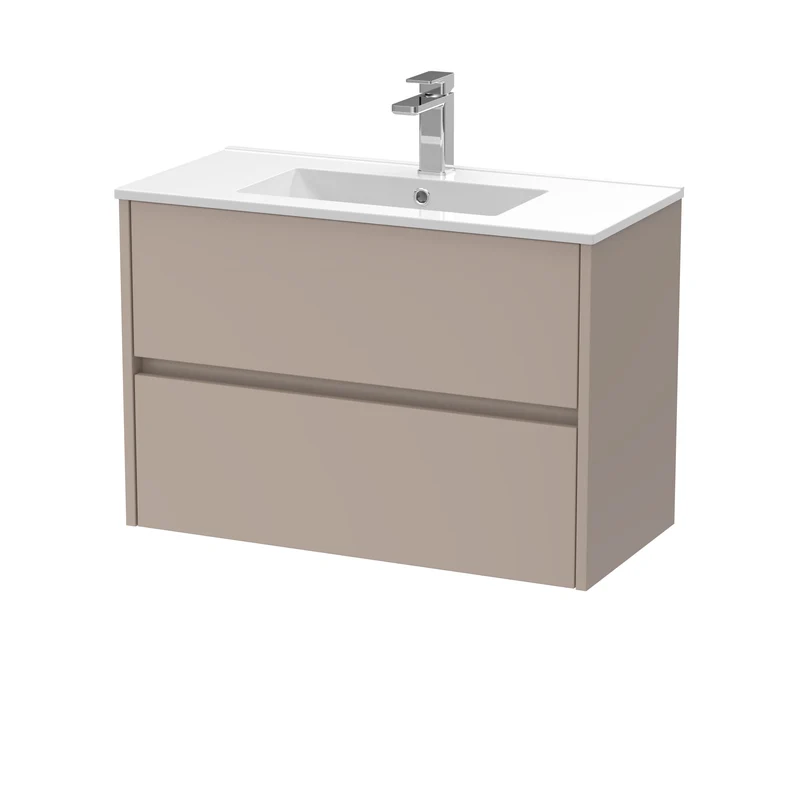 Havana 800mm Wall Hung 2 Drawer Vanity Unit With Minimalist Ceramic Basin - Soft Linen Satin