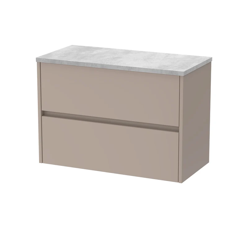 Havana 800mm Wall Hung 2 Drawer Vanity Unit With Bellato Grey Laminate Worktop - Soft Linen Satin