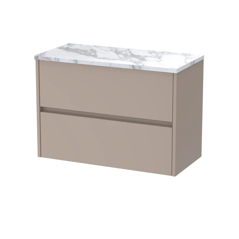 Havana 800mm Wall Hung 2 Drawer Vanity Unit & Carrera Marble Laminate Worktop - Soft Linen Satin