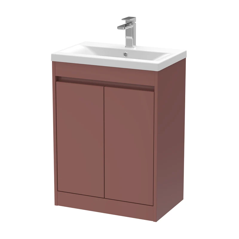 Havana 600mm Floor Standing 2 Door Vanity Unit With Mid Edge Ceramic Basin - Smoked Red Satin