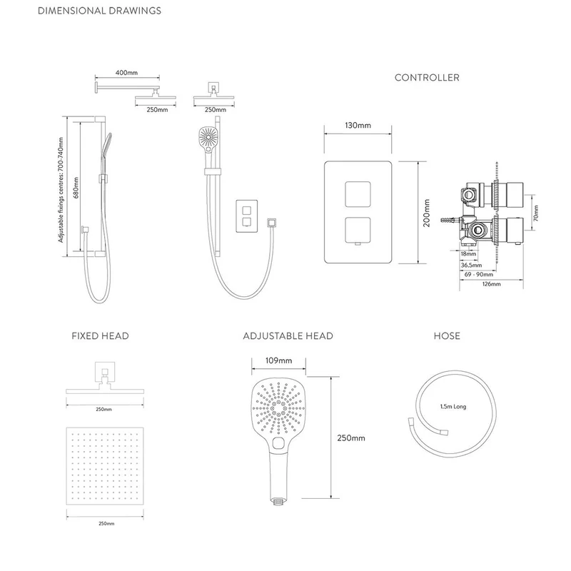 Aqualisa Dream Concealed Thermostatic Mixer Dual Outlet With Adj Kit & Wall Fixed Head - Square