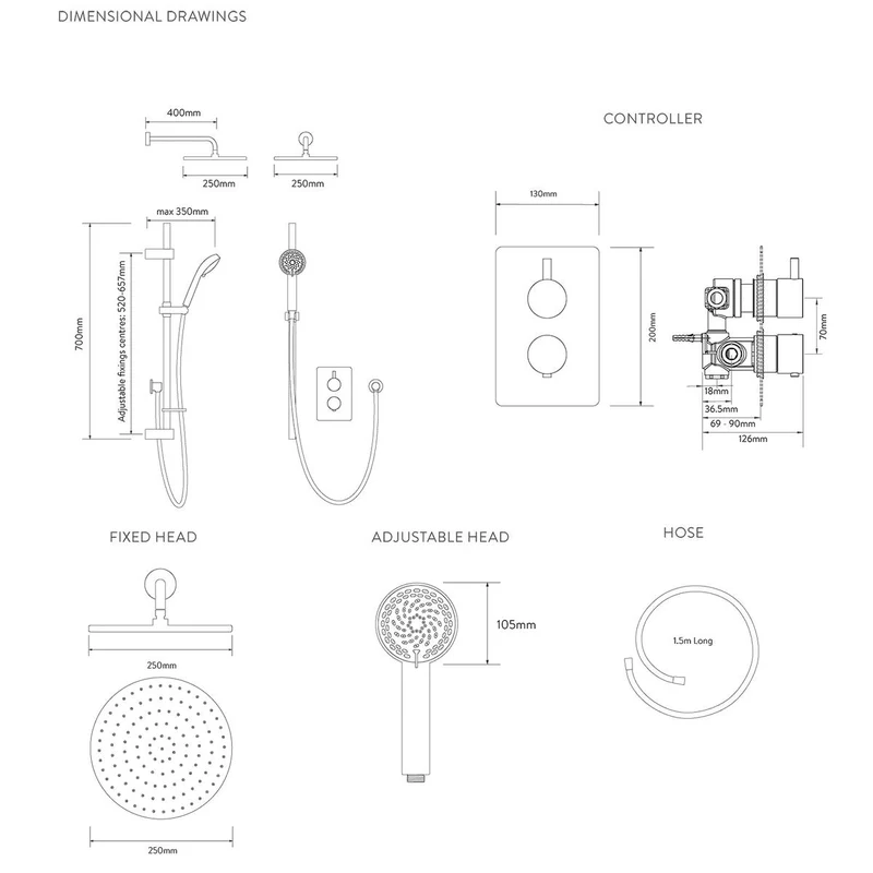 Aqualisa Dream Concealed Thermostatic Mixer Dual Outlet With Adj Kit & Wall Fixed Head - Round