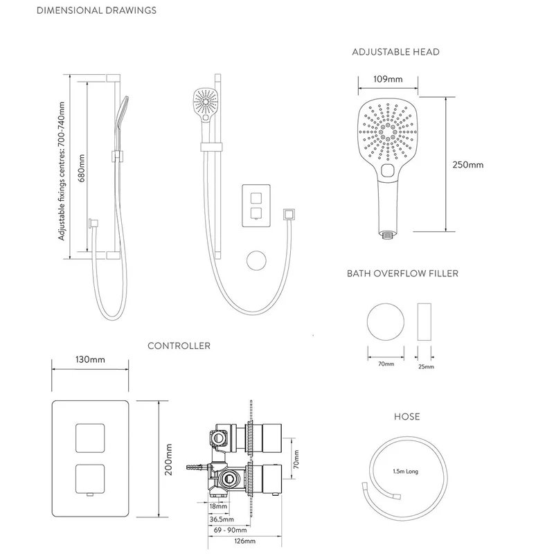 Aqualisa Dream Concealed Thermostatic Mixer Dual Outlet With Adj Kit & Bath Fill - Square